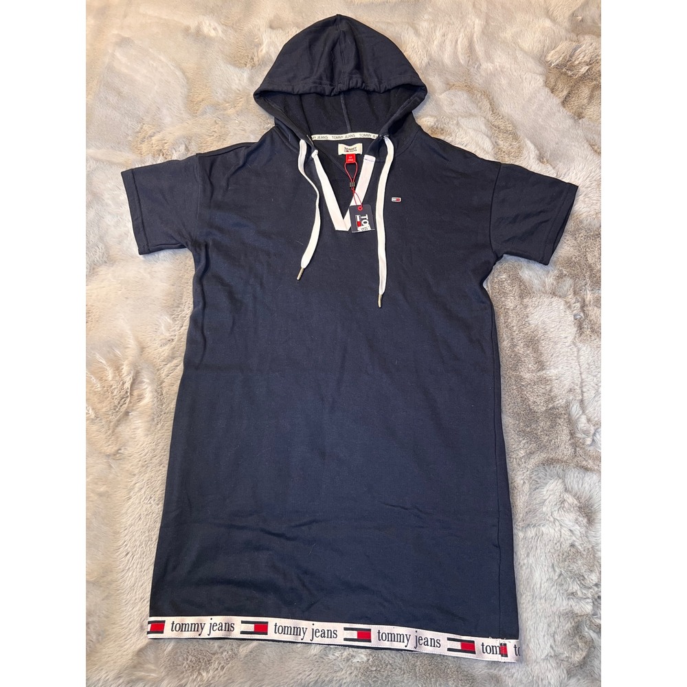 Tommy‎ Jeans Hoodie Dress Logo Tape Hem Short Sleeve Casual Size Blue